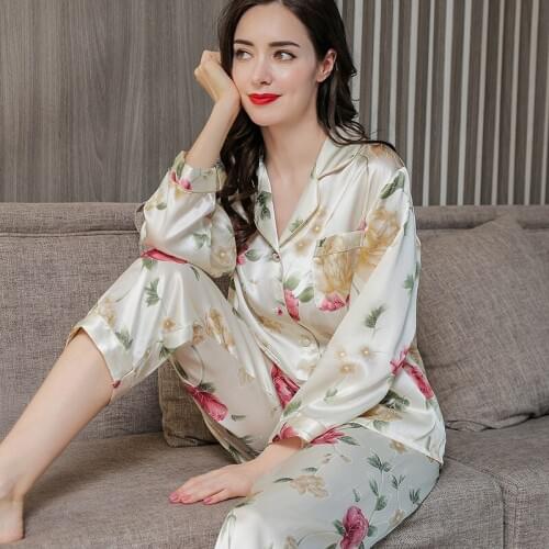 New Real Silk Pajama Female 100% Silkworm Silk Spring Autumn Plus Size Two-Piece Long-Sleeve Printed Womans Sleepwear T77166-4