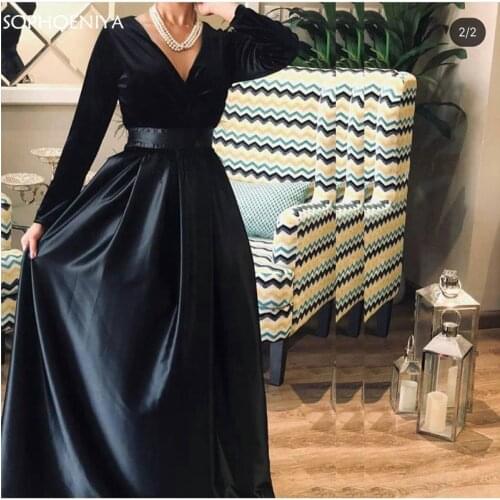 New Arrival V neck Long sleeve Prom dresses 2021 Vestidos Black Velvet Satin Dubai Muslim evening dress Plus size