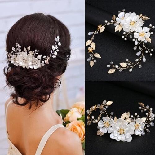 1Pc Women pearl flower head jewelry tiara white pearl leaf wedding headband bridal hair accessories for Bridal Head Ornament
