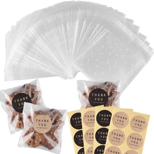 100Sets Clear Plastic Bags Candy Lollipop Cookie Cellophane Bag with Sealing Sticker Thank You