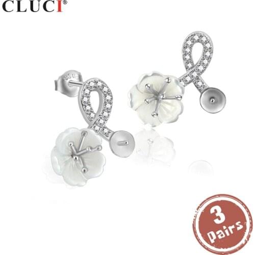 CLUCI 3 pair wholesale 925 Sterling Silver Earring for Women Silver 925 Pearl Mounting Zircon Stud Flower Earrings SE062SB