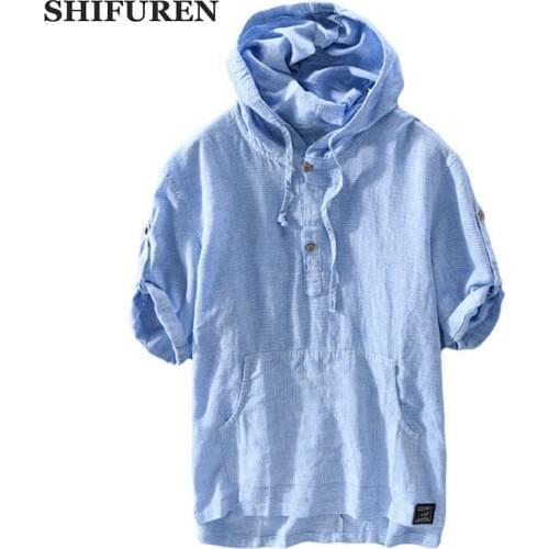 SHIFUREN New Summer Men Hooded Cotton Linen Shirts Breathable Short Sleeve Tops Striped Causal Male Social Dress Shirts M-XXL