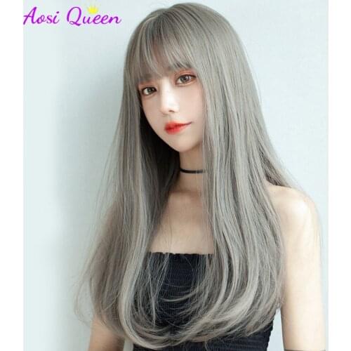 Synthetic wig female temperament long straight hair Lisa same style Lolita air bangs natural fluffy inner button wig