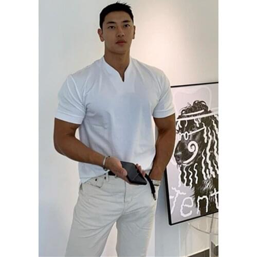 Muscle Fitness Sports Short Sleeve T Shirts V-Neck Cotton Plus-Size Fashion Training Tee Loose Breathable Sweatshirts