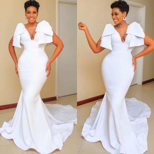 V-neck Mermaid Wedding Dresses 2021 Plus Size Arabic Aso Ebi Cheap Bridal Dresses Satin Simple Wedding Gowns