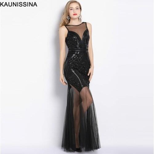 KAUNISSINA Evening Dresses Sequined O-neck Zipper Back Party Gowns Sexy Backless Floor-length Tulle Beading Prom Evening Robe