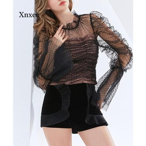 2021 Women Tees French Style Retro Dot Tops Spring Summer Perspective Fashion Puff Sleeve Mesh New Sweet All-Match t Shirt