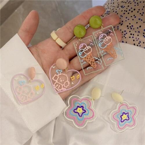 AOMU Colorful Transparent Acrylic Dog Flower Ice Cream Earrings Irregular Geometric Rectangle Love Drop Earrings for Women Girls