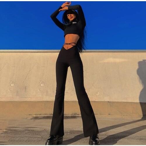 Ladies Y2k Grunge 90s Urban Style Boot Cut Pants High Waist Black Vintage Skinny Pants Fashion Indie Casual For Women Trousers