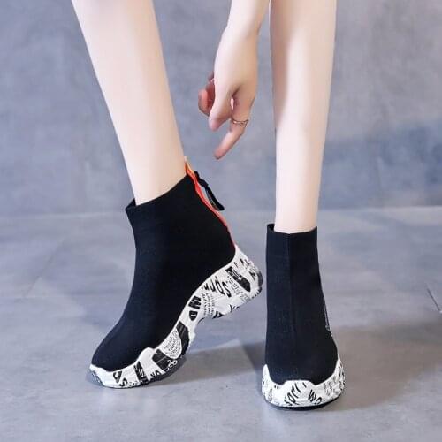 8.5CM Fashion Stretch Cloth Chunky Wedges Sneakers Women White Black High Top Platform Shoes Woman Height Increase Shoes 2021