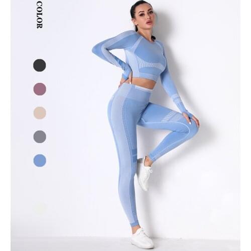 Women Slim Sexy Yoga Suit Long Sleeve Pants Sports Suit High Waist Hip Push Up Leggings Power Stretch Fitness Suit Running Set