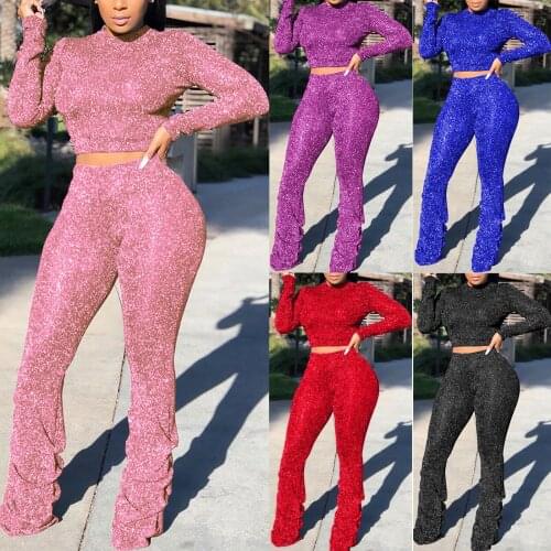 Womens 2 Piece Set fitness tracksuit Fashion Silver Line Pleated Pants Long Sleeve Sexy Pullover Set sportswear outfits