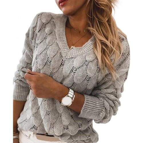 Dropshipping Women Knit Sweater Autumn Winter Hollow Out Feather Long Sleeve V Neck Pullover