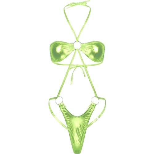 Womens Lingerie Mini Trikini Bodysuit Shiny Metallic Halter Neck Backless Sexy Thong Teddy Bodysuit Nightwear