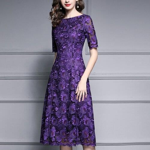 2019 Summer Spring Fashion Women Slim Embroidery Flower Short Sleeve Dress , Womens Woman Casual Elegant Purple Long Dresses