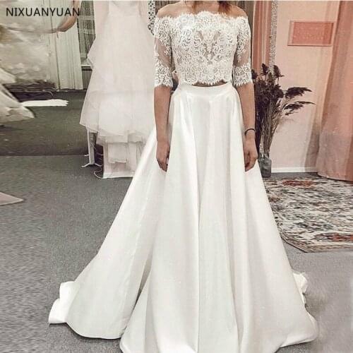 Two Piece Half Sleeves Wedding Dresses 2021 Lace Top Satin Skirt Wedding Gowns Sweep Train Vestido De Novia