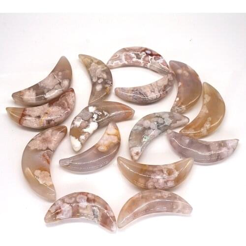 1PC Cherry Blossom Agate Moon Shaped Gemstone Natural Healing Crystal Polished Stone for Women Jewelry Making Pendant Necklace