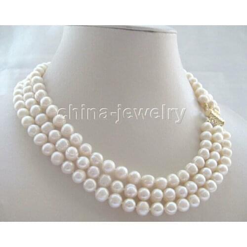 17-19" 8-9mm 3row natural white freshwater pearl necklace clasp