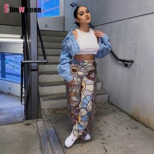 2021 Casual Streetwear Bodycon Sweat Pants Vintage Side Tassels Patchwork Striped Print Jogger Pant Women Rave Festival Clothing