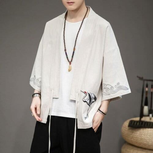 2021 chinese style improved hanfu red-crowned crane embroidery hanfu long sleeve kimono cardigan vintage style male tang suit