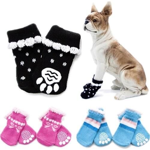4pcs/Set Cute Puppy Dog Knit Socks Small Dogs Cotton Anti-Slip Cat Shoes For Autumn Indoor Wear Slip On Paw Protector