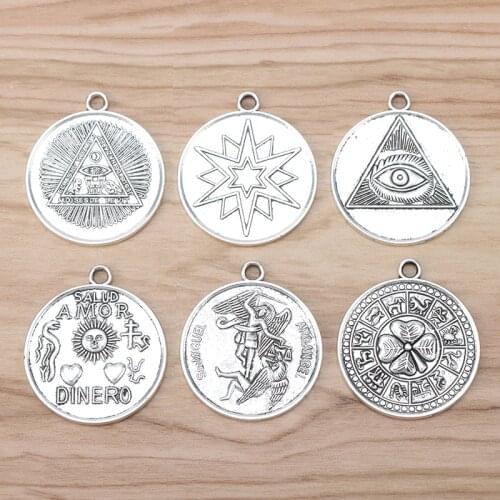 5 Pieces Silver Color Large Tetragrammaton Pentagram Pentacle Circle Charms Pendants for Necklace Jewellery Making 35mm