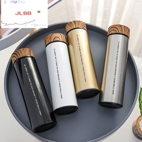 500ml Letter Stainless Steel Wooden Lid Thermos Thermal Water Bottle Travel Mug Portable Vacuum Flasks for Water Tea Coffee