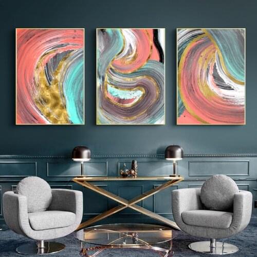 Abstract Colorful Gold Foil Line Canvas Painting Wall Art Modern Print and Poster Wall Art Picture For Living Room Home Decor