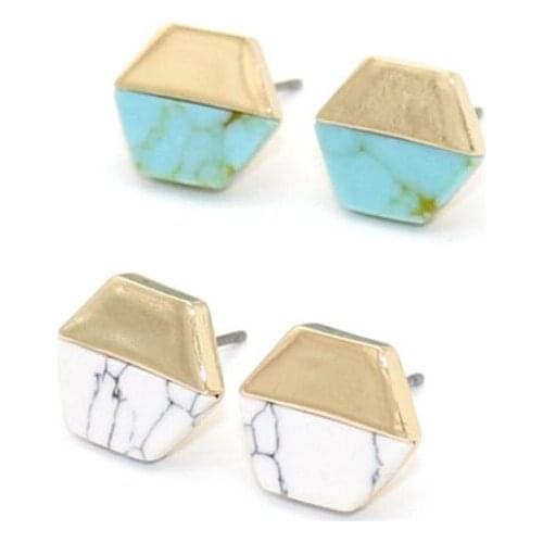 White Green kallaite Natural Stone Stud Gold Color Hexagon Howlite Ear Stud For Women Jewelry