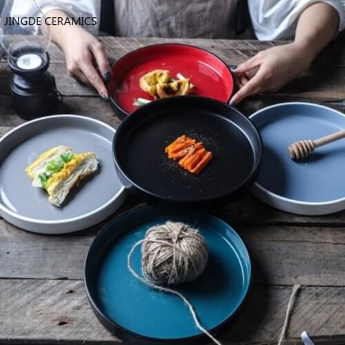 European Style Ceramic Round Straight Side Tray Breakfast Bread Spaghetti Flat Bottom Dish Fruit Salad Cake Dessert Nut Plate