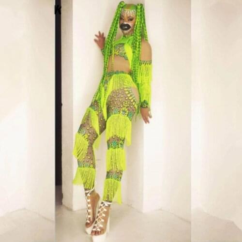 Fluorescent Green Tassel Stretch Print Spandex Jumpsuit Women Singer Dancer Stage Performance Fringe Leotard Sexy Dance Costume