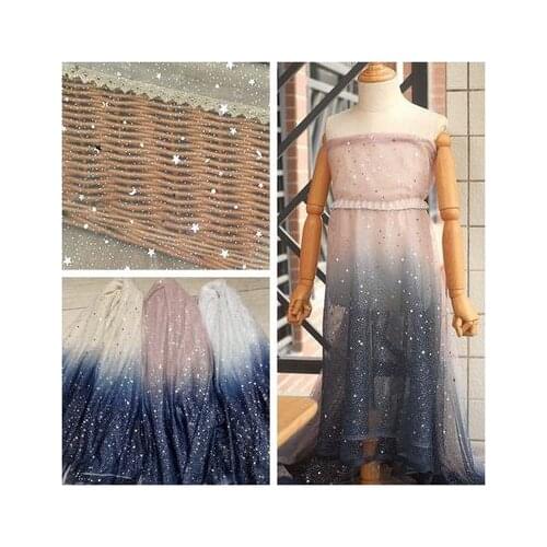 Gradient Glitter Mesh Tulle Fabric Metallic Silver Moon Star Sequin Lace Fabric by the yard, For Wedding Gowns Dress Blue Black