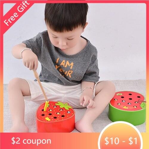 HOT Toy Montessori Wooden Educational Toys Board Game Baby Puzzle Worm Game Color Cognitive Magnetic Strawberry Apple Kids GIFT