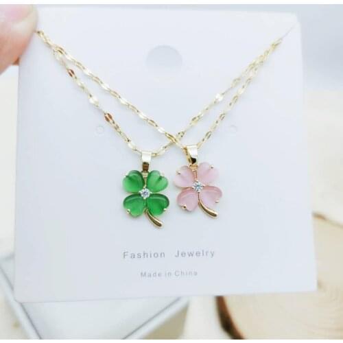 Korean fashion color opal four-leaf clover titanium steel necklace female temperament sweet beauty student wild clavicle chain