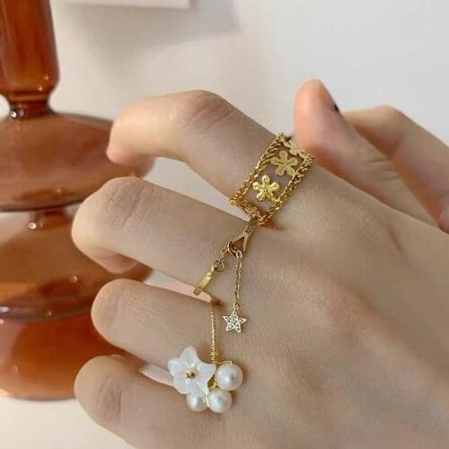 Minar French Elegant Metallic Flower Chunky Rings for Women 2021 Gold Color Alloy Hollow Link Chain Charm Ring Party Jewelry