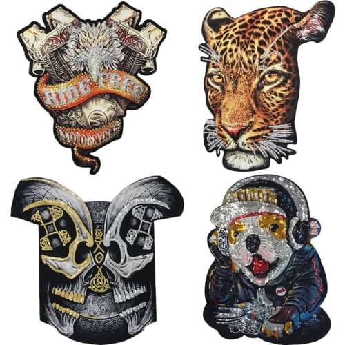 Fashion Big Size Wolf Lion Eagle Dog Sequins Applique Patches Skull Punk Motorcycle Badges Jackets Clothing Large Patch Stripe