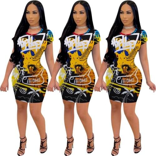 Fashion Casual Short Sleeve Printed Ladies Dress Yellow Eye Bodycon Floral Yellow Women Clothing for Summer Outfit