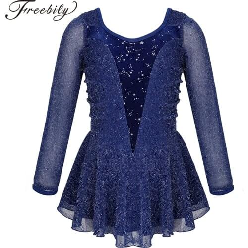 New Girls Silver Glitters Velvet Splice Figure Skating Dress Ballet Dancewear Gymnastics Leotard Competition Performance Costume