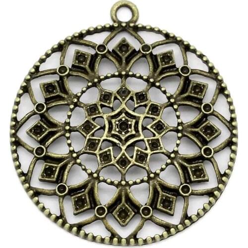 Charm Pendants Round Antique Bronze(Can Hold ss5 Rhinestone) Flower Pattern Hollow 4.3x3.9cm,10PCs (B27456)