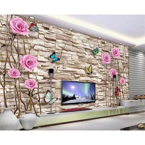 Customize 3D wallpaper Branches rose butterfly brick wall 3D stereo TV backdrop wall wall paper home decor stickers Beibehang