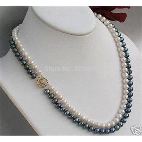 Pretty!2Rows 7-8mm Black /White Akoya Cultured Pearl - Clasp Necklace 18"
