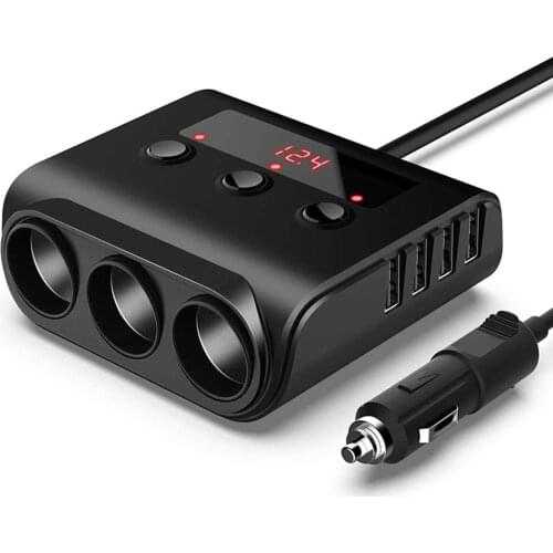 Car Cigarette Lighter Splitter 4 USB Port + 3 Socket Car Charger With Voltmeter For 12-24V Vehicles-Black TR12