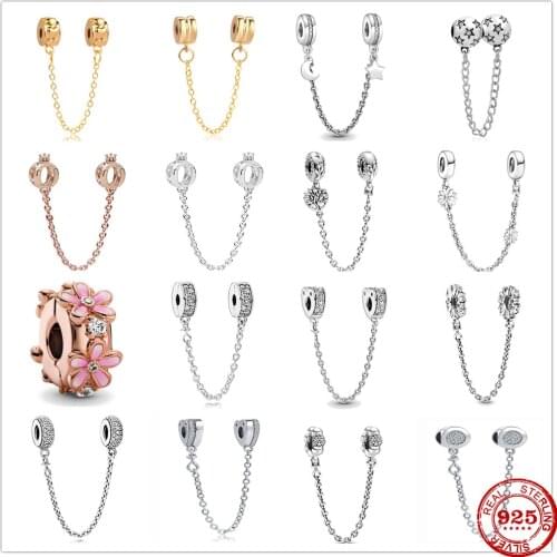 Silver 925 Sparkling Clear Sparkle Flower Safety Chain Charm Bead Fit Original Pandora Bracelet Pendant DIY Jewelry For Women
