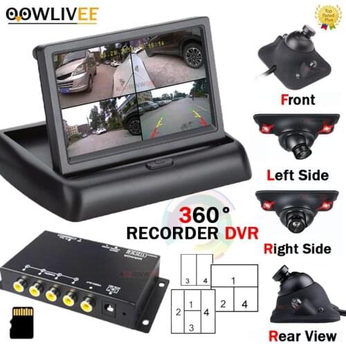 OOWLIVEE LCD Folding Monitor 360 4 channel Split DVR Recorder Box Video Surveillance camera IR Front view Camera all for 1 real