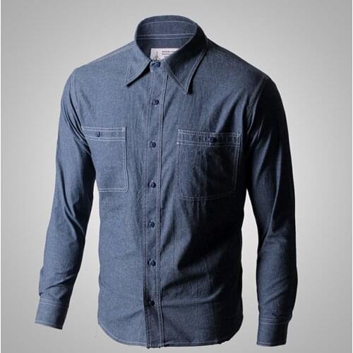 WW2 Reproduction Vintage US Navy Denim Chambray Work Shirt Mens Fatigue Utility
