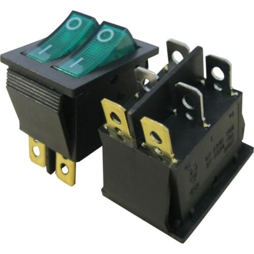 2Pcs AC 250V/16A, 125V/20A Green and Green Button with Light ON/Off DPDT 6 Pin 2 Position Rocker Toggle Switch KCD2-2101N-GG