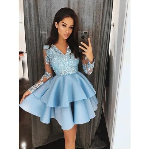 Women Short Homecoming Dresses Satin Prom Party Gowns Lace Appliques V Neck Full Sleeves Cocktail Dress