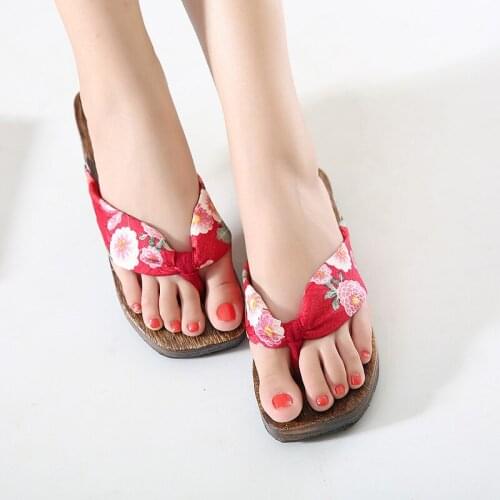 Womens Casual Summer Slippers Natural Wood Floral Prints Cotton Fabric Mid Heel Japan Geta Cosplay Shoes