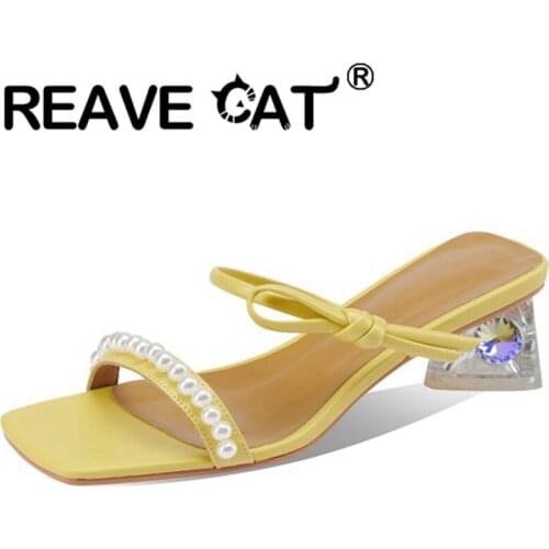 REAVE CAT 2021 Summer Elegant Sandals Beading Bowtie Open Toe Slip-On Slingbacks 4cm High Crystal Square Heels Big Size 33-41