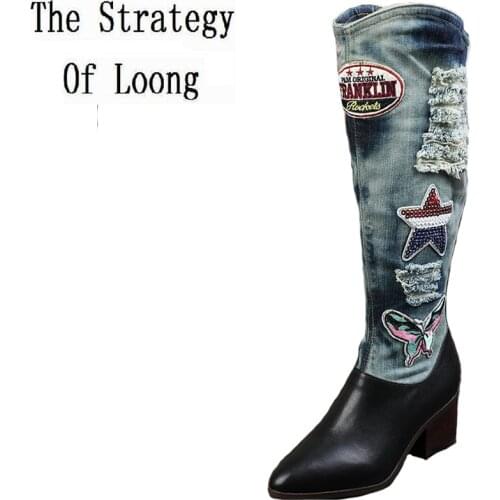 Women Pointed Toe Genuine Leather Thick Heels Knee High Boots Spring Autumn Lady Denim Retro Long Boots Plus Size 40 41